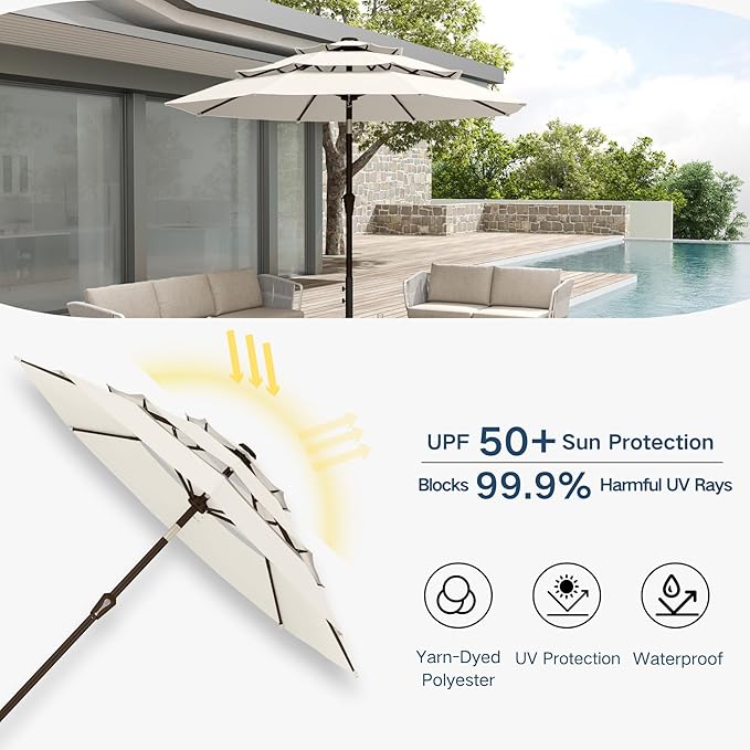 10FT Patio Umbrella 3 Tiers Outdoor Market Umbrella w/Push Button Tilt, Crank, UV and Waterproof Table Umbrella for Garden, Pool, Backyard, Deck, Lawn, Creamy White