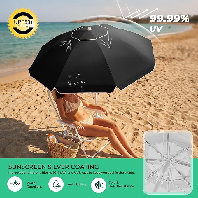 JEAREY 6.5ft Sun Shade Umbrellas, Portable Umbrella with Stand, Lightweight Sun Protection Free Standing Sport Umbrella for Outdoor Sports, Camping, Fishing, Patio, Beach, Black
