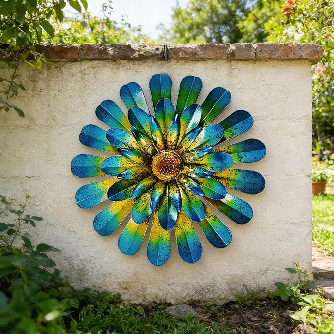 2 Pack Metal Flower Wall Decor, Hand-Painted Farmhouse Hanging Wall Art | 12 inch floral metal wall hanging with built-in hooks. Indoor & outdoor decor, garden farmhouse decoration.
