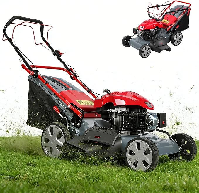 3-in-1 Gas Lawn Mower, 173CC Self Propelled Lawn Mower with 60L Grass Bag, 20" Cutting Deck, Adjustable Cutting Height Foldable Clearance Lawns Mowers Cordless for Yard & Garden Care 2800rpm Red
