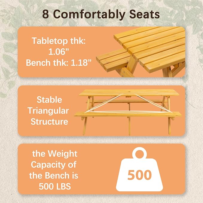 75" Outdoor Wooden Picnic Table with Benches Set, Dining Table Set with 2-Inch Umbrella Hole, One-Piece Wood Picnic Table for Backyard Garden Patio Party Gathering