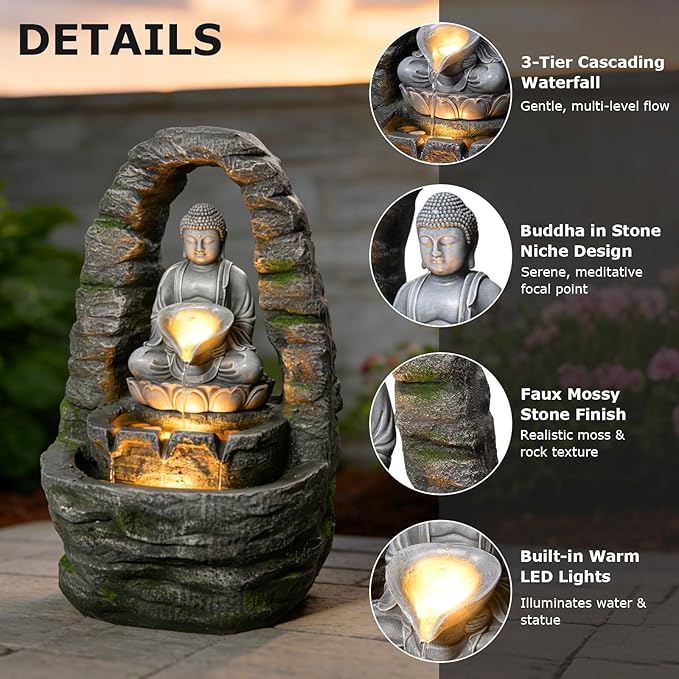 27.2" H Buddha Water Fountain Outdoor Zen Buddha Statue Outdoor Fountain with Lights, 3 Tier Waterfall Feature for Garden, Patio, Porch, Yard, Meditation Decor, Faux Stone Finish