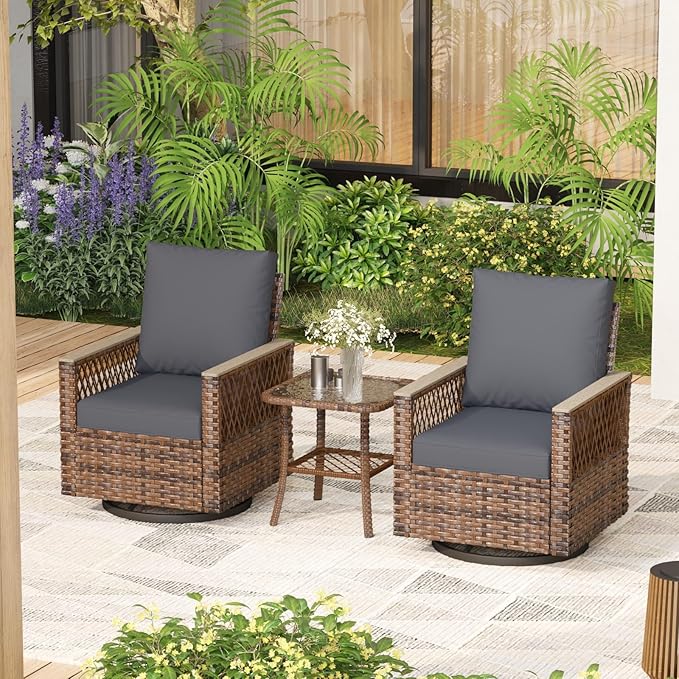 MELLCOM Outdoor Swivel Rocker Patio Chairs，3 Pieces Patio Bistro Set with Table Set, All-Weather Wicker Patio Furniture Set with Thickened Cushions and High Back for Garden, Backyard