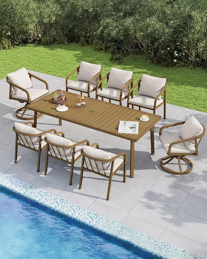 9-Piece Outdoor Dining Set for 8, Never-Rust Aluminum Patio Dining Set with 2 Swivel Chairs, Outdoor Table and Chairs with Removable Cushions, Patio Furniture Set for Deck, Garden, Porch, Teak