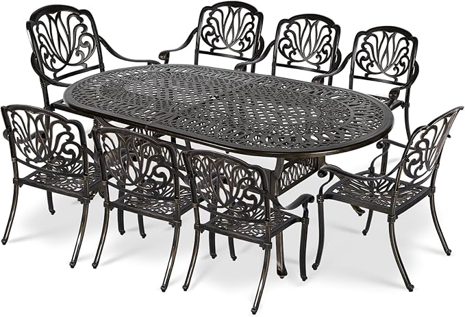 VIVIJASON 9-Piece Patio Furniture Dining Set, All-Weather Cast Aluminum Outdoor Conversation Set, Include 8 Chairs and an Oval Table with Umbrella Hole for Balcony Lawn Garden Backyard