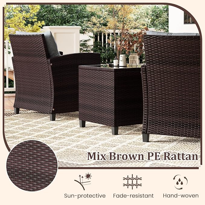 3 Pieces Wicker Patio Furniture Set, Outdoor Sofa Set with Water-Resistant Cushion & Tempered Glass Table, Outdoor Conversation Set Bistro Set for Garden, Balcony, Poolside(Gray)