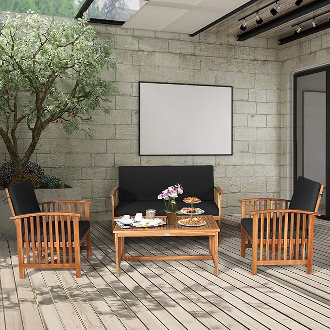 Tangkula 8 PCS Outdoor Acacia Wood Sofa Set with Water Resistant Cushions, Padded Patio Seating Chat Set w/Coffee Table for Garden, Backyard, Poolside (2, Black)