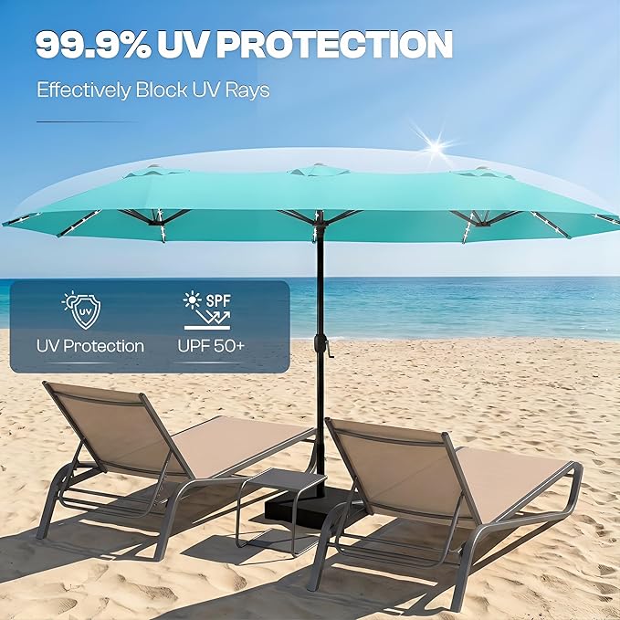 15FT Large Outdoor Patio Umbrella with Solar Lights and Base, Double-Sided Table Umbrellas with 48 LED Lights, Rectangle Market Umbrella for Pool, Deck, Backyard