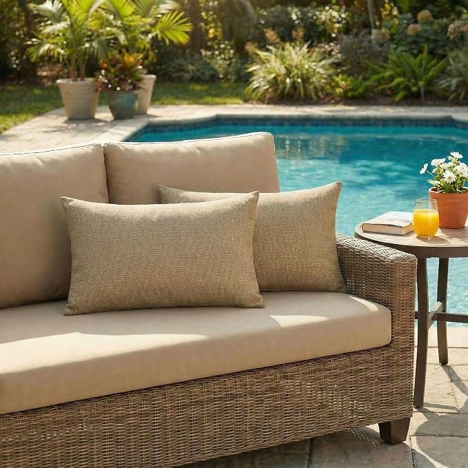 RSH DECOR: Designer Select Sunbrella Lumbar Throw Pillows Set of 2 | 20" x 12" | Water and Fade-Resistant Performance Fabric | Indoor Outdoor Accent Pillows | Made in USA (Sailcloth Sienna Tan)
