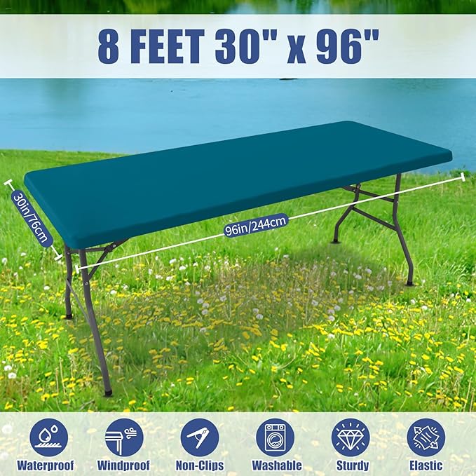 Moosfor Spandex 8 Foot Rectangle Table Cloth 2 Pack, Elastic Fitted Tablecloths for Picnic, Stretch Washable Patio Table Cover for Outdoor, Camping, Banquet and Parties(Peacock Blue, 30"x96")