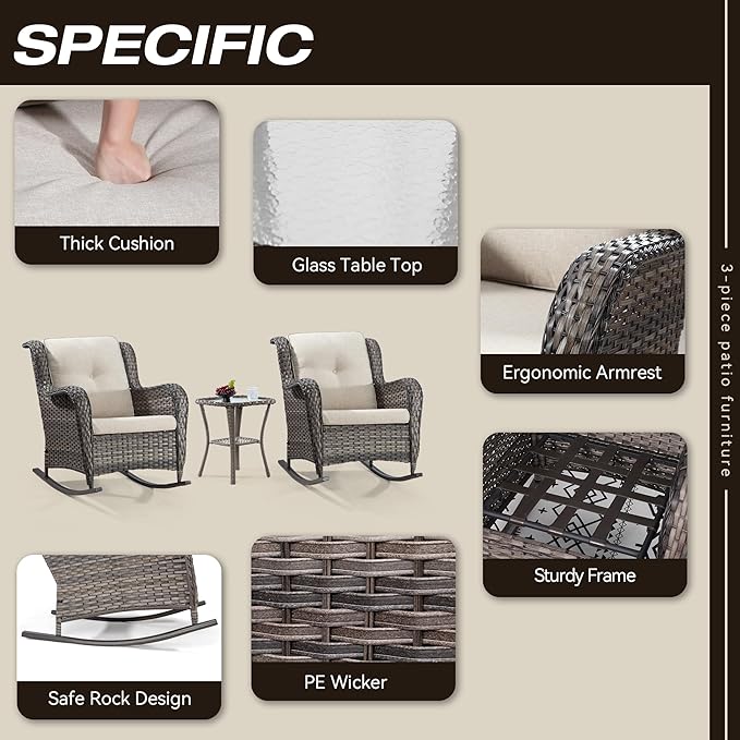 Outdoor Wicker Rocking Patio Chairs Set of 2 and Matching Side Table - All-Weather 3 Piece Wicker Patio Bistro Sets Patio Rocker Chairs Alloy Steel Frame & Premium Fabric Cushion, Beige