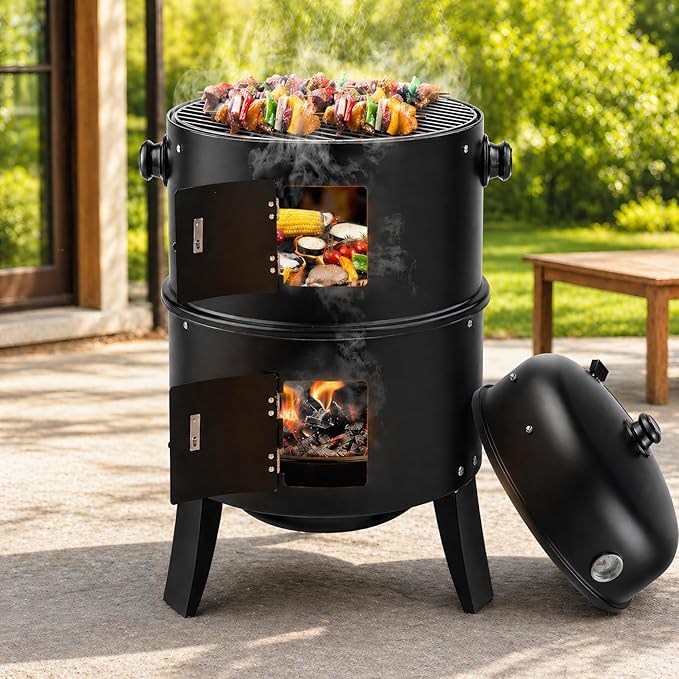 16 Inch Charcoal Smoker for Meat, Vertical Smoker Grill, Small Smoker for Backyard, Patio and Camping | 4-in-1 BBQ Smoker with Built-In Thermometer, Adjustable Air Vent, 2 Cooking Racks