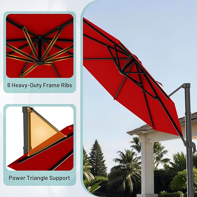 AreShark 11FT Cantilever Patio Umbrella, 360-Degree Rotation Round Hanging Offset Umbrella with Crank, Heavy Duty Patio Umbrella for Patio, Pool, Garden, Deck, Red