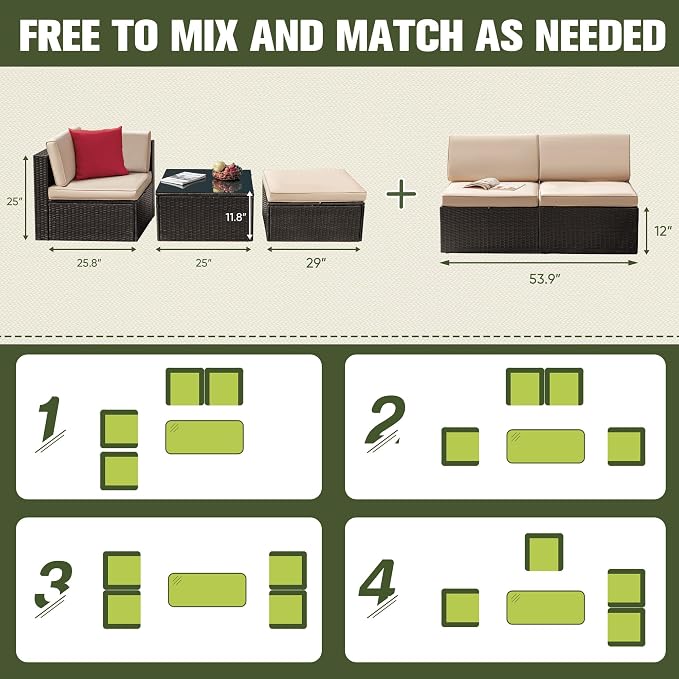 Greesum 2 Piece Patio Conversation Set Wicker Rattan Furniture Outdoor Sofa with Cushions,Pillows for Porch,Lawn and Yard, Beige