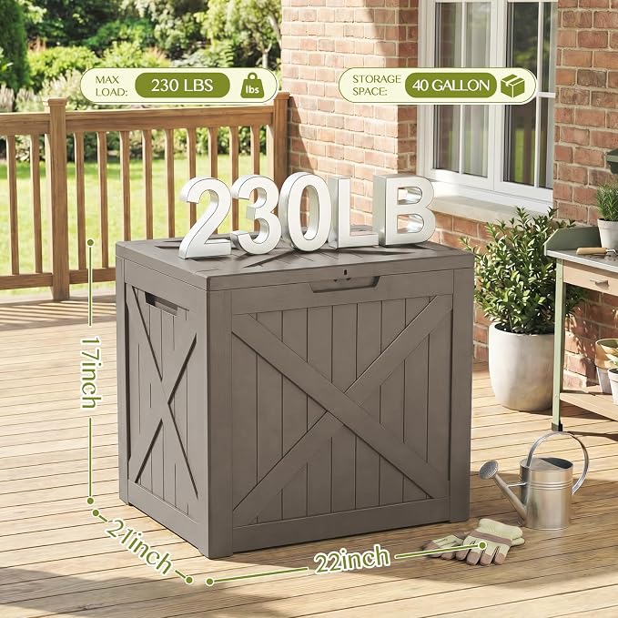 Waterproof Outdoor Storage Box Outside Deck Box Lockable Resin Bench UV Resistant Furniture Cushion Pool Tool Float Bin Patio Garden Porch (Grey, 40 Gallon)