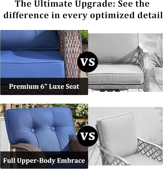 7 Piece Outdoor Patio Furniture Set with Fire Pit Table,Conversation Sectional Wicker Couch with Swivel Chairs,Modern Outside Sofa for Balcony Backyard, Brown/Blue