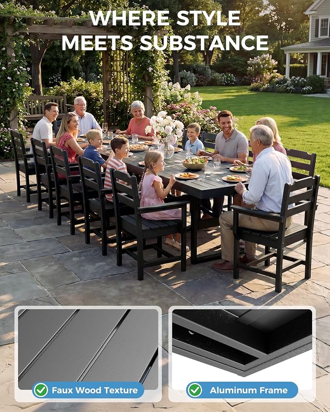 K Knowbody 17-Piece Outdoor Patio Dining Table and Chairs Set, Seats 14 | Steel-Reinforced HDPE, 100 lb/sq ft Load Capacity, 2-Inch Umbrella-Ready Tables, All-Weather, Fade-Resistant, Charcoal Black