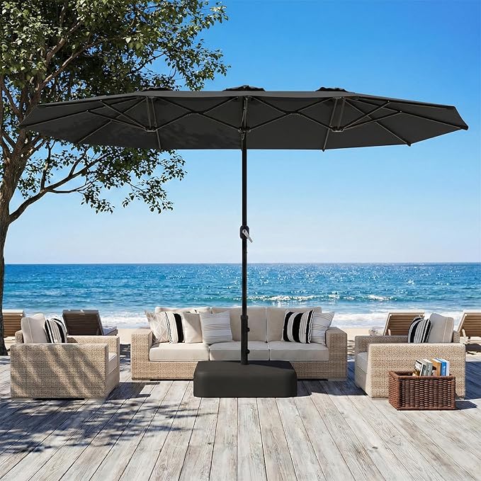 AECOJOY 15x9ft Patio Umbrella with Base Included, Outdoor Double-Sided Rectangle Umbrella with Crank Handle, Market Umbrella for Deck Pool Patio Garden(1.9" Pole, Black)