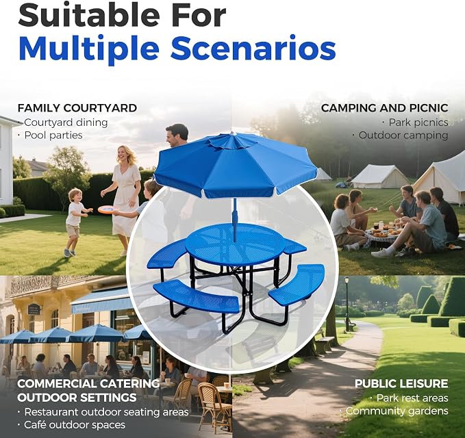 83" Round Heavy Duty Picnic Table for Outdoors Commercial Camping Table with Umbrella Hole up to 1.78" Blue Coated Steel Frame Waterproof Rust Resistant 3200 lbs Load Capacity