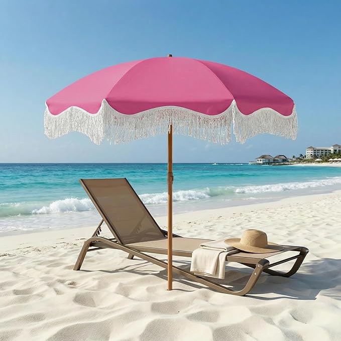 7ft Patio Umbrella with Fringe, Boho Beach Umbrellas, Outdoor Tassels Umbrellas with Push Button Tilt & Carrying Bag, 8 Windproof Fiberglass Ribs, UPF50+