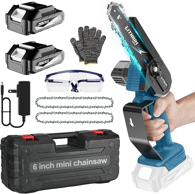 Fostex 6 Inch Cordless Mini Chainsaw, Handheld Electric Chain Saw with 2×2000mAh Batteries & 2 Chains, Lightweight Battery Powered Saw for Tree Trimming, Branch Pruning, Gift for Dad, Husband (Blue)