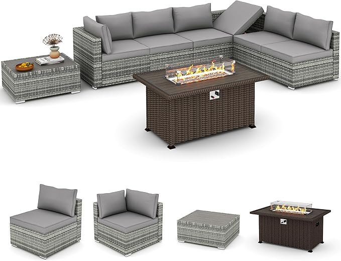HOMREST 8 Pieces Outdoor Patio Furniture Set with 44" Propane Fire Pit Table, PE Rattan Sectional Sofa Conversation Set w/Adjustable Bracket,Wood Coffee Table for Backyard (Grey)