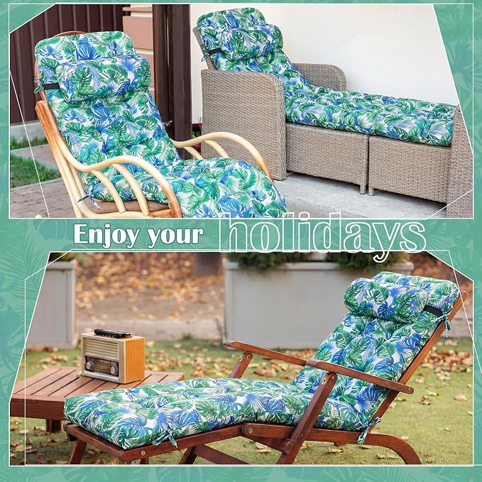 Tudomro Outdoor Chaise Lounge Cushion 66x21x4'' Waterproof & Fade-Resistant Patio Pool Chaise Lounge Cushion Headrest Pillow Tie Replacement Rocking High Back Chair(Blue Green Tropical,1 Pcs)