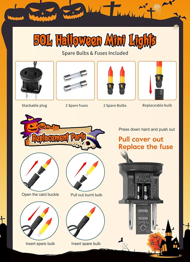 Brightown Orange Halloween Mini Lights, 50 Count 10 Feet Mini String Lights | Incandescent Bulb Connectable Halloween Lights for Haunted House Ghost Party Holiday Window Indoor Outdoor Decoration