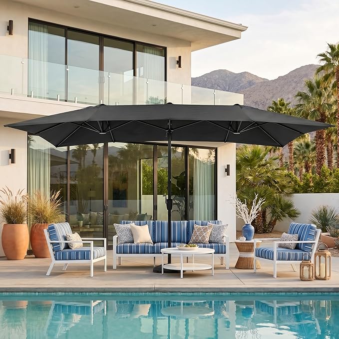 15×15ft Outdoor Patio Umbrella, Double Sided Market Rectangle Umbrella with Crank Handle, Large Sun Shade for Outside Deck, Backyard, Garden