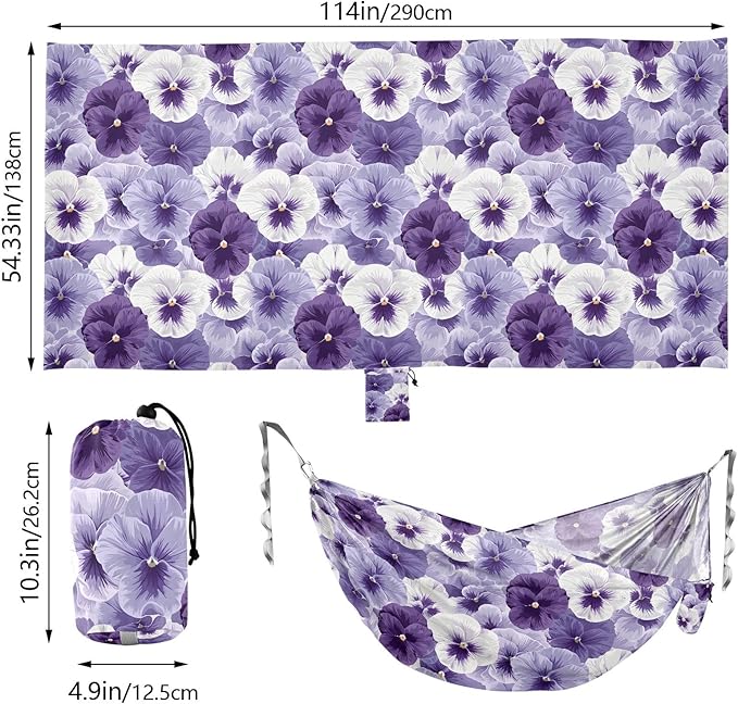 Camping Hammock Outdoor Hammocks for Outside Pansy Flowers White Violet Beach Trees Portable Lightweight with Pockets Tree Straps Indoor Small