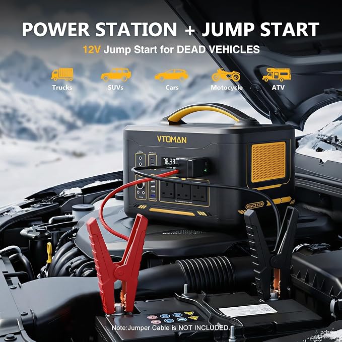 VTOMAN Jump 1500X Portable Power Station with Jump Start, 828Wh LiFePO4 Battery 1500W AC Outlets (3000W Surge) /100W USB-C Output Fast Charge, Solar Generator for for Outdoor, Camping, Outages Backup