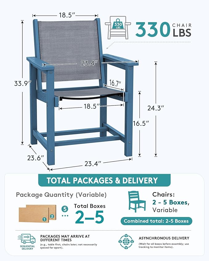 SERWALL Outdoor Dining Chairs Set of 2, All-Weather HDPE Textilene Sling Dining Chair for Backyard, Garden, Blue