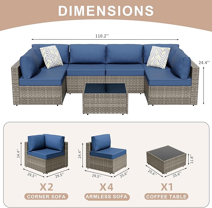 JAMFLY 7-Piece Outdoor Patio Furniture Set, Modular PE Rattan Sectional Sofa with Thick Cushions & Glass Coffee Table for Poolside, Balcony, Garden(Blue Cushion)