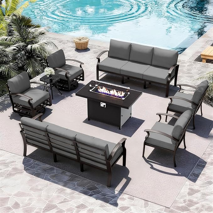 ALAULM Aluminum Patio Furniture Set with Propane Fire Pit Table - 10-seat Metal Outdoor Furniture w/Fire Pit Patio Sectional w/5.1" Cushions for Backyard, Poolside - Grey