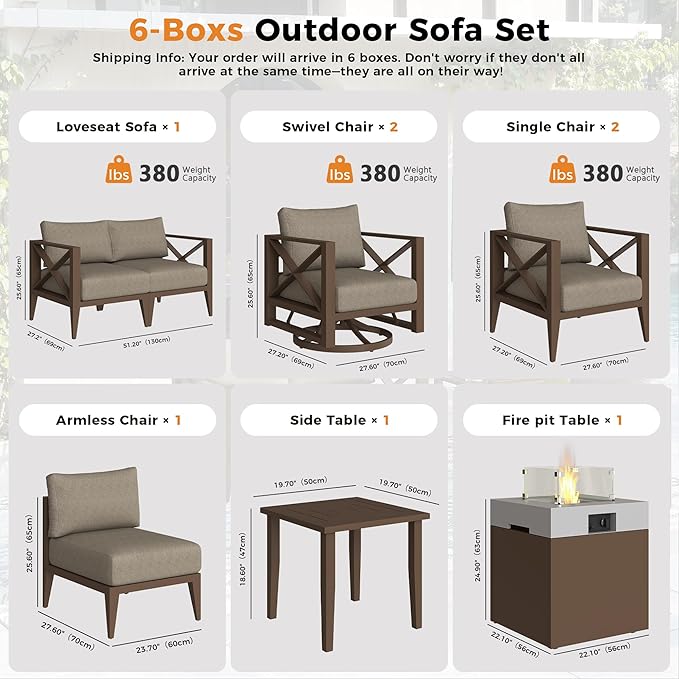 Aluminum Patio Furniture Set with Fire Pit Table,7-Seats Patio Sectional Conversation Sofa with 5.2" All-Weather Cushions and 2 Swivel Rocking Chairs,Outdoor Furniture Set(Brown)