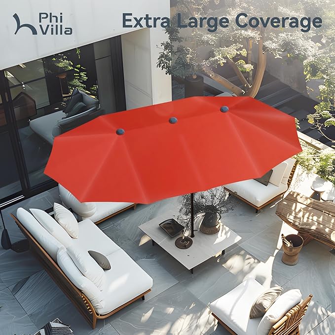 PHI VILLA 13ft Outdoor Market Umbrella Double-Sided Twin Large Patio Umbrella with Crank, Orange Red