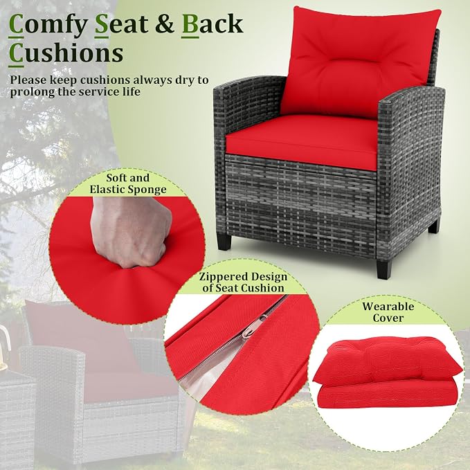 RELAX4LIFE Wicker Patio Furniture Sets - 3 Pieces Rattan Sofa Set, Outdoor Conversation Set with Tempered Glass Tabletop, Heavy-Duty Steel Frame, Wicker Chair Set for Poolside, Backyard (Grey-Red)