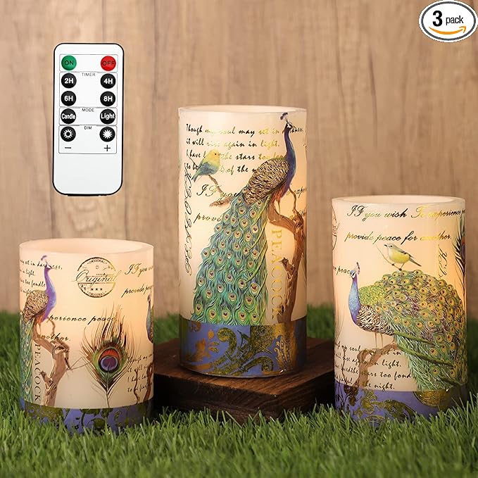 Flameless Candles Peacock Decor Battery Operated Candle with Remote Real Wax Flickering LED Pillar Candle Vintage Home Decor for Spring, Summer, Wedding Decor, Mothers Day Gifts