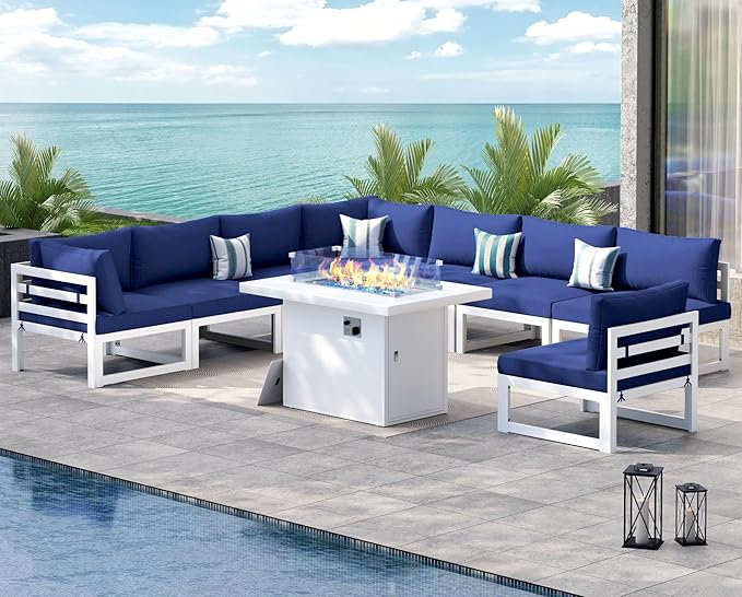 NICESOUL 9 Pcs Large Modern Aluminum Outdoor Sitting with Fire Pit Table, 29" Deep Wide Seater, 500 lbs Durable Sectional Sofa for Heavy People, All-Weather Patio Furniture Set for Backyard, Navy Blue