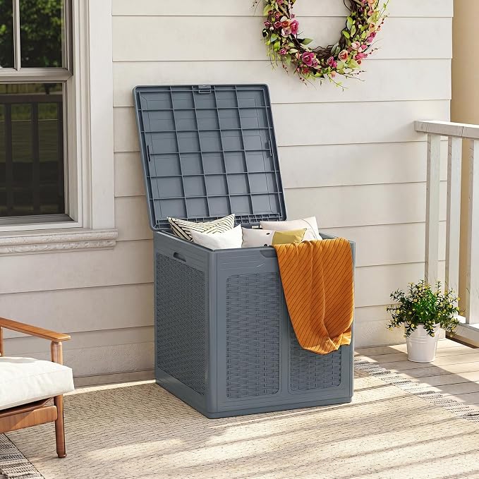 Giantex 39 Gallon Outdoor Storage Box, PP Deck Container with Rattan Patterns & Lockable Lid, Patio Plastic Storage Bin for Package Delivery, Garden Tools, Patio Cushions