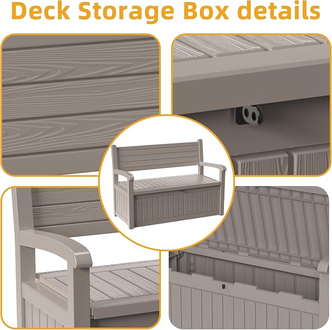 ROJIK 80 Gallon Storage Bench Deck Box Outdoor with Armrests,Wood Grain Style Resin Storage Furniture Waterproof Lockable for Porch Patio and Garden,Sturdy and Durable, Grey