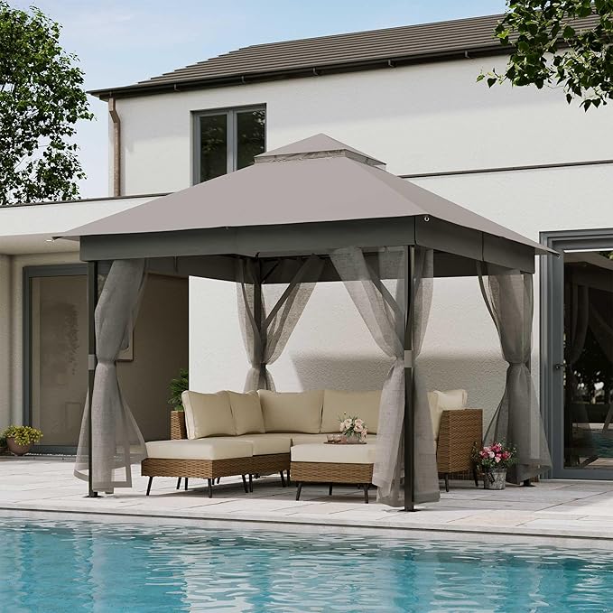 LAUSAINT HOME Patio Gazebo 10'x10', Outdoor Heavy Duty Party Tent Shelter with Double Roofs, Mosquito Nettings for Backyard, Garden, Lawn, Gray