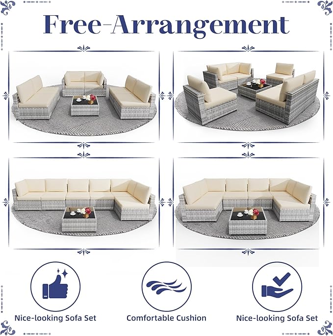 KIGOTY Patio Furniture Set,7 Pieces Modular Outdoor Sectional Sofa, PE Rattan Patio Conversation Set, All Weather Wicker Patio Furniture with Cushions and Coffee Table（Grey White/Grey）