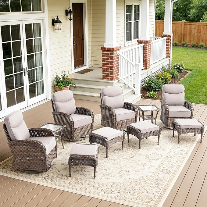 10-Piece Luxury Patio Furniture Set with 6-Inch Thick Cushions, High-Back Outdoor 4 Swivel Rocking Chairs with Wicker Side Table, All-Weather Conversation Set for Porch, Deck, Yard– Beige