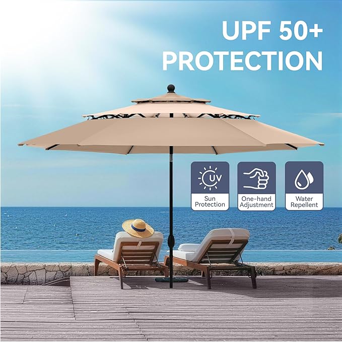 GREEN PARTY 10ft Outdoor Patio Umbrella, [Auto-Tilting] 3 Tiers Market Table Umbrellas with 1.5" Pole, 8 Sturdy Ribs, 3-Year-Non-Fading for Garden Deck Pool Backyard, Beige & Tan