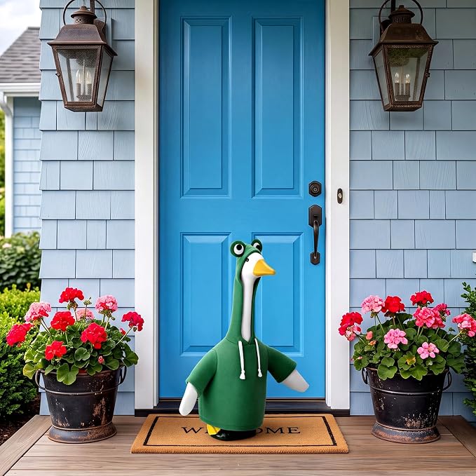 Frog Porch Goose Outfit for 23" Cement Plastic Goose Clothes Green Costume with Horns for 23" Geese Statue Decoration Patio Yard Garden Lawn Outdoor Decors