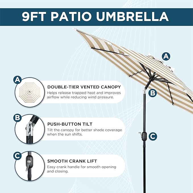 9FT Outdoor Patio Umbrella with Push Button Tilt and Crank, Market Umbrella, 8 Heavy-Duty Ribs, Outdoor Table Umbrella for Garden, Deck, Poolside & Backyard