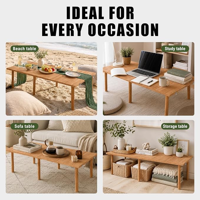 60" Folding Picnic Table with Table Runner & 6 Placemats, Solid Wood Portable Low Picnic Table for Seating 6, Wooden Foldable Table for Outdoor Camping, Beach, Boho Party, Patio (Brown)