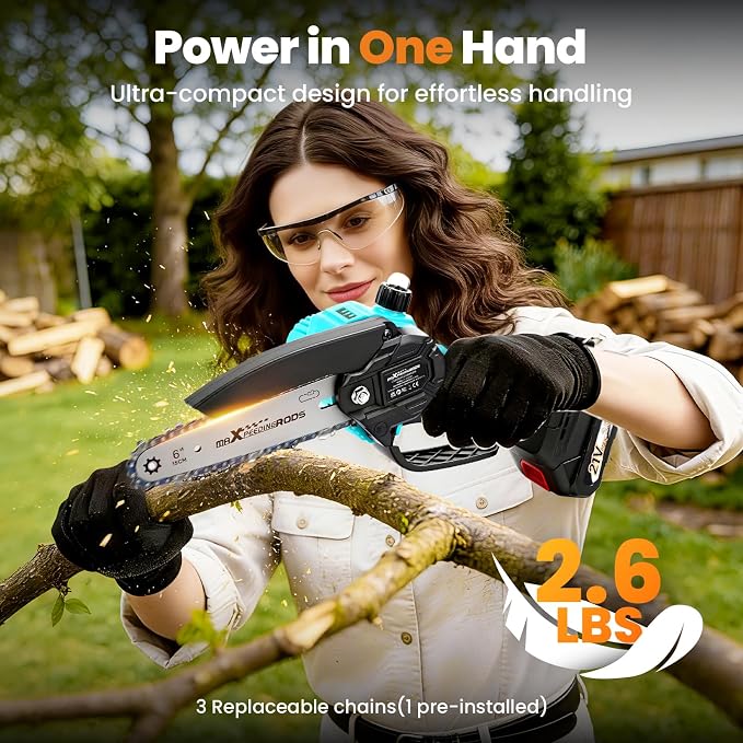 maXpeedingrods Mini Chainsaw Cordless, 6 inch Chainsaw Handheld Power Chain Saws with 2 Batteries, 3 x Durable Chains, Electric Chainsaw Lightweight Handheld Saw for Tree Trimming, Wood Cutting, Blue