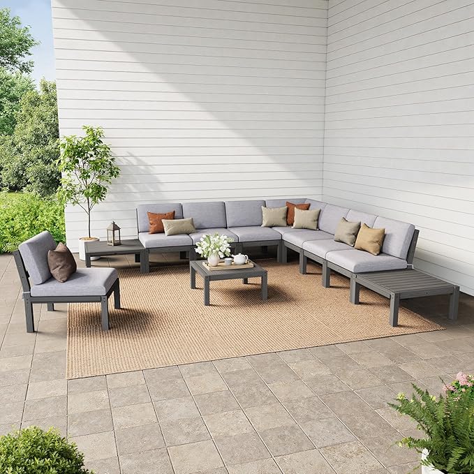 Stoog 11-Piece Patio Furniture Set, All-Weather Outdoor Sectional Sofa Set - Modular & Waterproof HIPS Frame, Quick-Dry Olefin Cushions, Grey